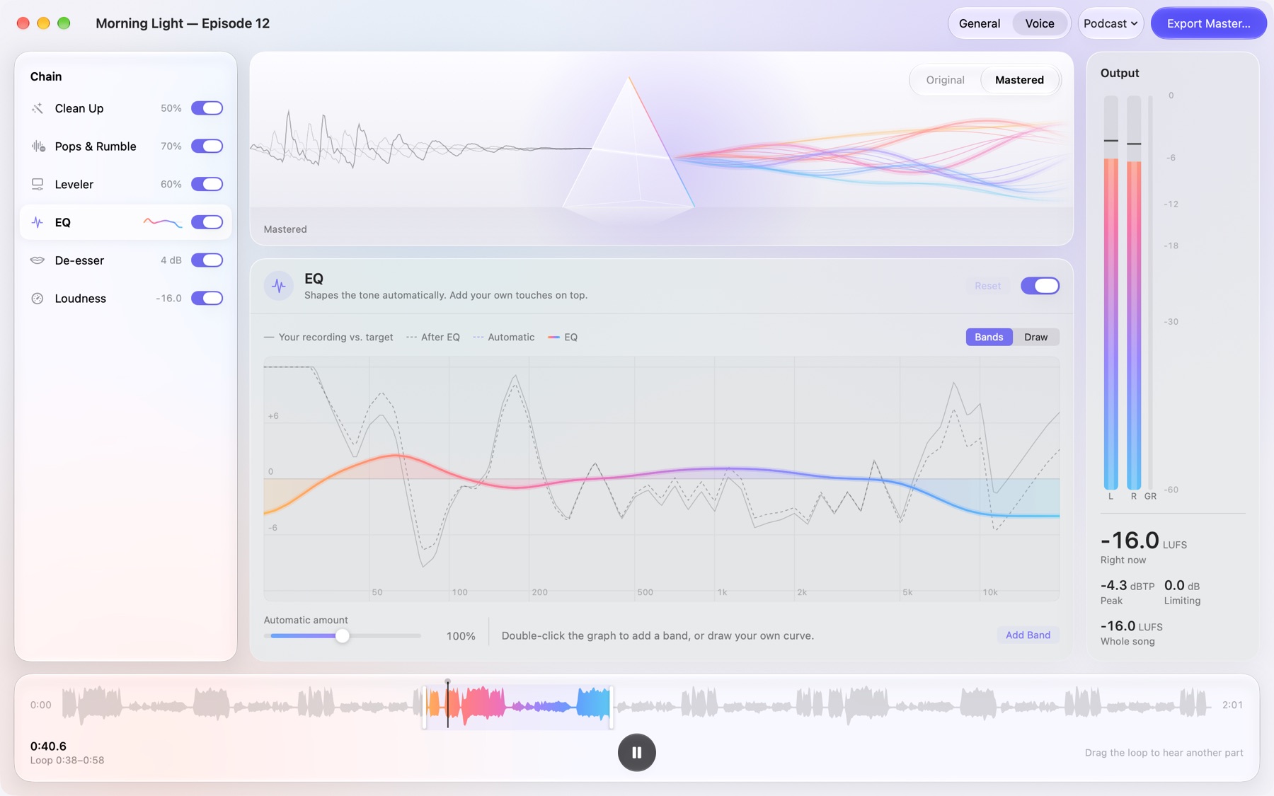 A two-person podcast in Voice mode, evened out and at podcast loudness