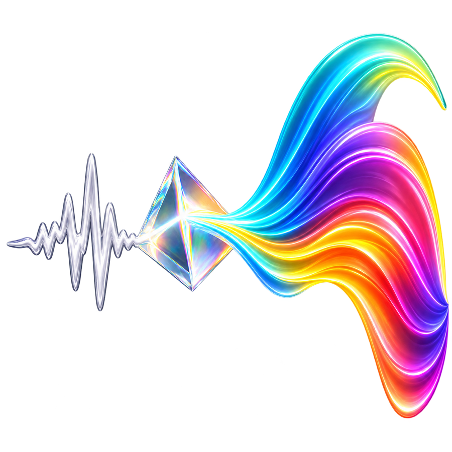 A sound wave passing through a prism and leaving as colored light
